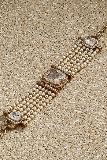 Gold Plated Zircon & Ivory Swarovski Pearl Bracelet In Sterling Silver