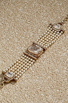 Gold Plated Zircon & Ivory Swarovski Pearl Bracelet In Sterling Silver