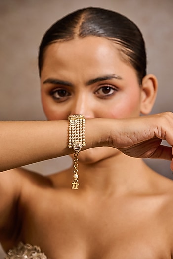 Gold Plated Zircon & Ivory Swarovski Pearl Bracelet In Sterling Silver