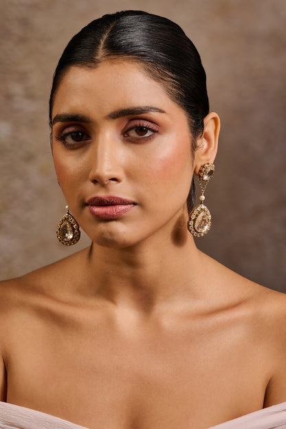 Gold Plated Zircon & Swarovski Pearl Long Earrings In Sterling Silver