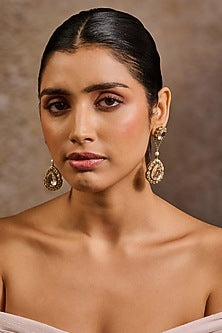 Gold Plated Zircon & Swarovski Pearl Long Earrings In Sterling Silver