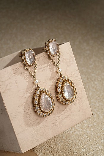 Gold Plated Zircon & Swarovski Pearl Long Earrings In Sterling Silver