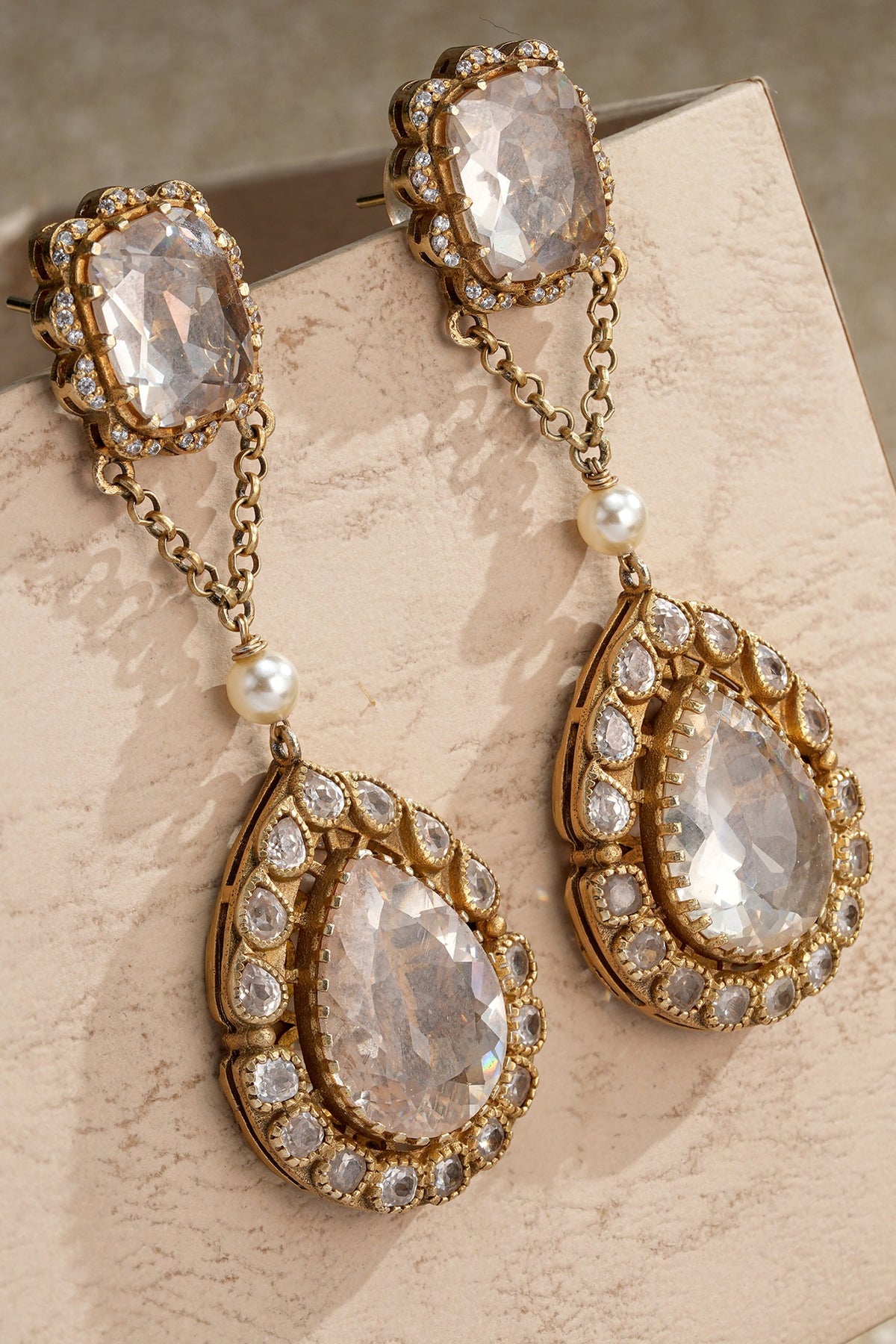 Gold Plated Zircon & Swarovski Pearl Long Earrings In Sterling Silver