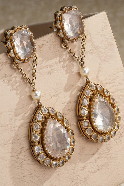 Gold Plated Zircon & Swarovski Pearl Long Earrings In Sterling Silver