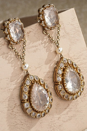 Gold Plated Zircon & Swarovski Pearl Long Earrings In Sterling Silver
