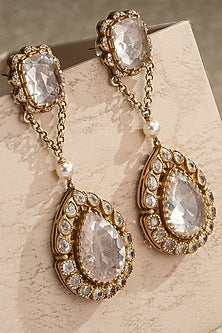 Gold Plated Zircon & Swarovski Pearl Long Earrings In Sterling Silver