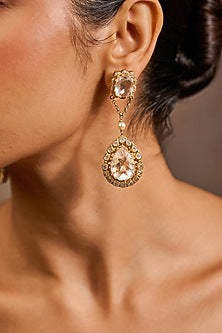 Gold Plated Zircon & Swarovski Pearl Long Earrings In Sterling Silver