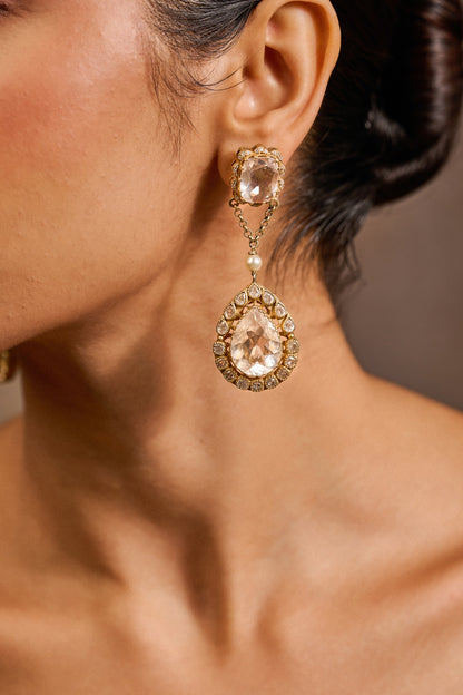 Gold Plated Zircon & Swarovski Pearl Long Earrings In Sterling Silver