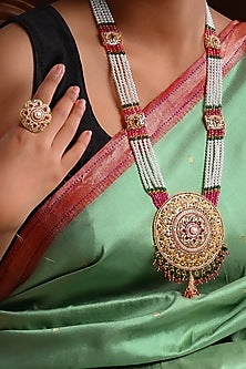 Gold Plated Imitation Stone & Pearl Long Necklace