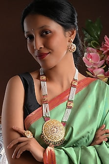 Gold Plated Lab Created Stone & Pearl Long Necklace Set