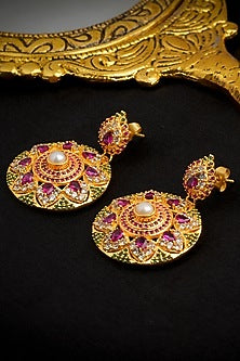 Gold Plated Lab Created Stone & Pearl Long Necklace Set