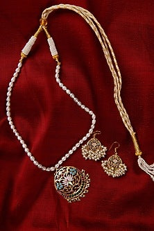Gold Finish Pearl Enameled Pendant Necklace Set