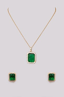 Gold Plated Emerald Stone & Zircon Pendant Necklace Set
