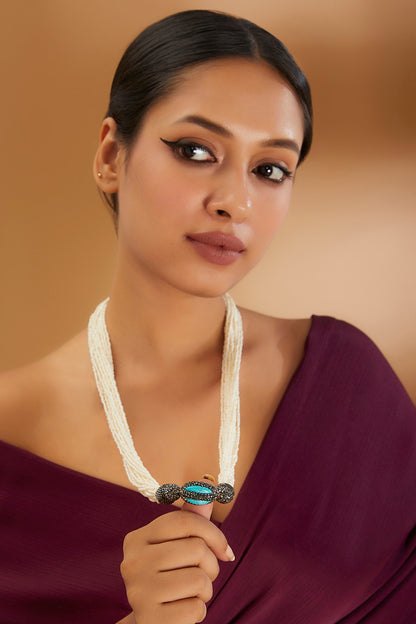 Two-Tone Finish Semi-Precious Stone & Beaded Necklace