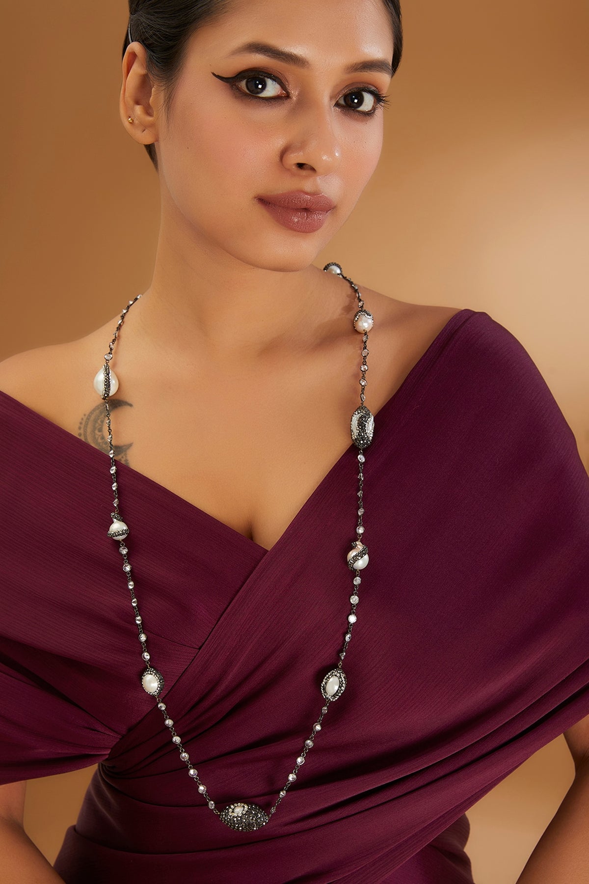 Black Rhodium Finish Semi-Precious Stone & Beaded Necklace