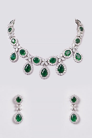 White Finish Zircon & Semi-Precious Stone Necklace Set