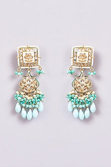 Gold Finish Turquoise Semi-Precious Stone & Pearl Meenakari Dangler Earrings
