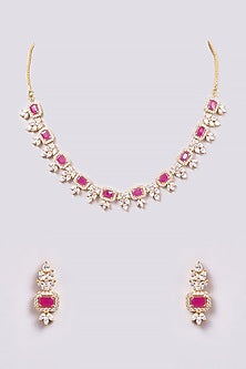 Gold Finish Zircon & Red Semi-Precious Stone Necklace Set