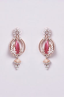 Rose Gold Finish Zircon & Red Semi-Precious Stone Meenakari Dangler Earrings