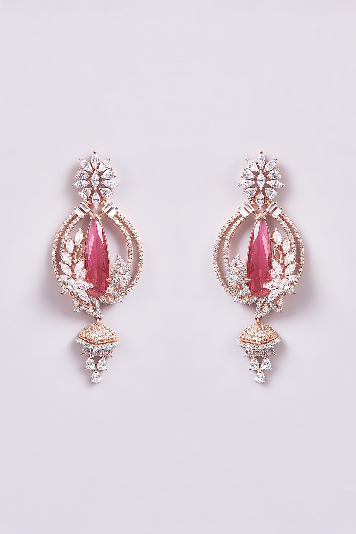 Rose Gold Finish Zircon & Red Semi-Precious Stone Meenakari Dangler Earrings