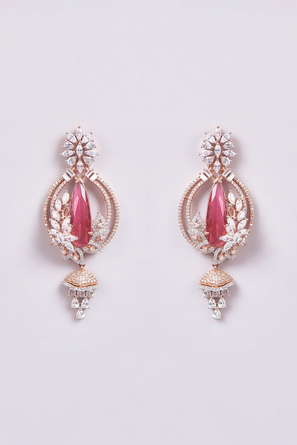 Rose Gold Finish Zircon & Red Semi-Precious Stone Meenakari Dangler Earrings