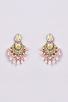 Gold Finish Pink Semi-Precious Stone & Pearl Meenakari Dangler Earrings