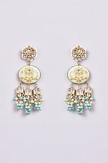 Gold Finish Turquoise Semi-Precious Stone & Pearl Meenakari Dangler Earrings