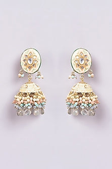 Gold Finish Peach Semi-Precious Stone & Pearl Meenakari Dangler Earrings