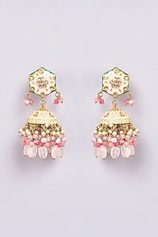 Gold Finish Pink Semi-Precious Stone & Pearl Meenakari Dangler Earrings