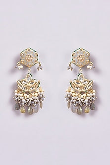 Gold Finish Grey Semi-Precious Stone & Pearl Meenakari Dangler Earrings