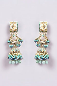 Gold Finish Turquoise Semi-Precious Stone & Pearl Meenakari Dangler Earrings