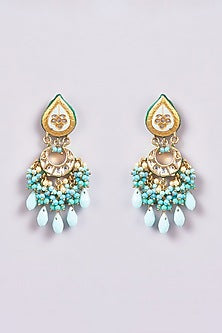 Gold Finish Turquoise Semi-Precious Stone & Pearl Meenakari Dangler Earrings