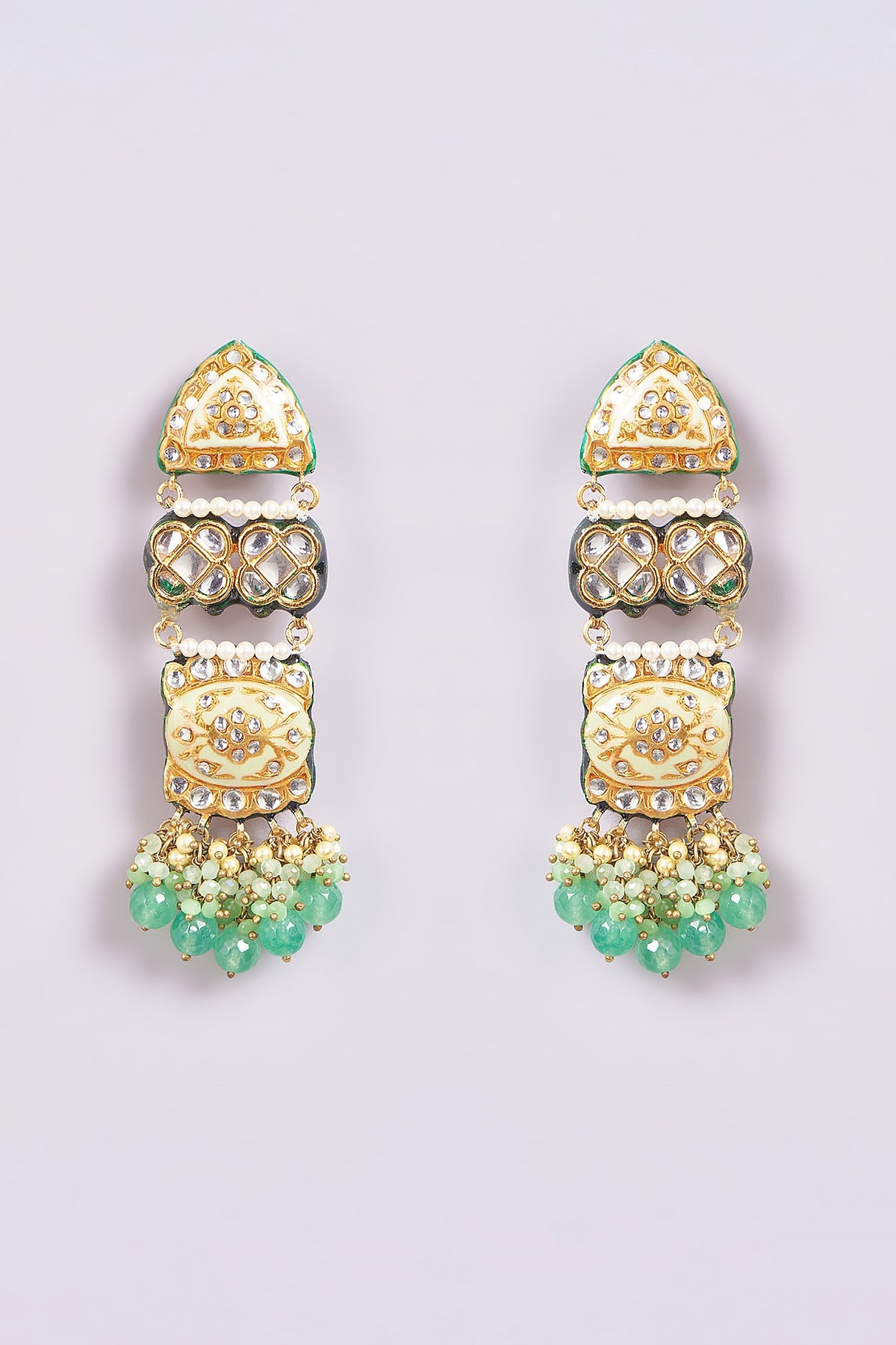 Gold Finish Green Semi-Precious Stone & Pearl Meenakari Dangler Earrings