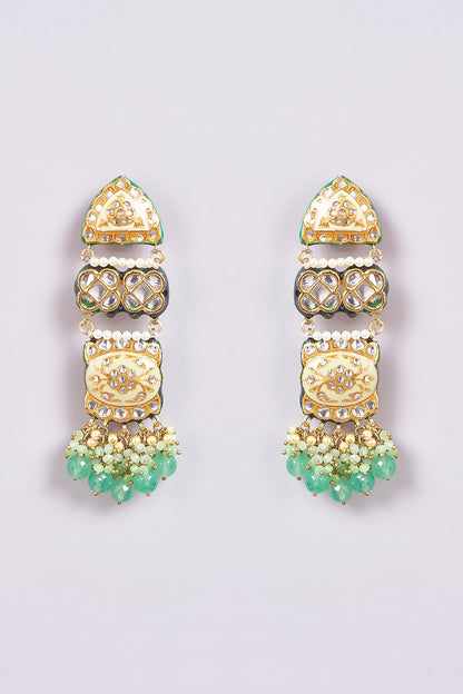 Gold Finish Green Semi-Precious Stone & Pearl Meenakari Dangler Earrings