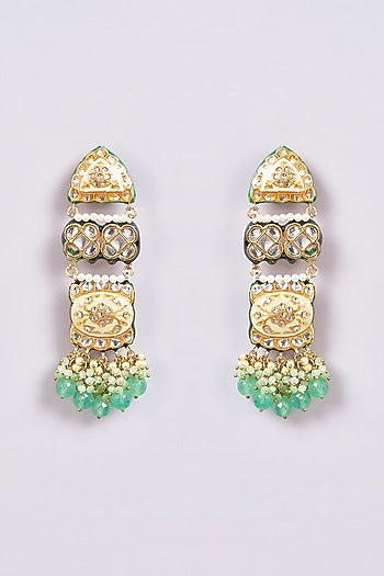 Gold Finish Green Semi-Precious Stone & Pearl Meenakari Dangler Earrings