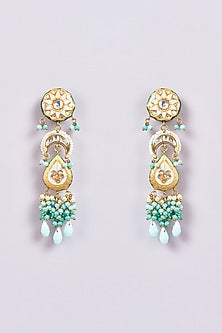 Gold Finish Turquoise Semi-Precious Stone & Pearl Meenakari Dangler Earrings