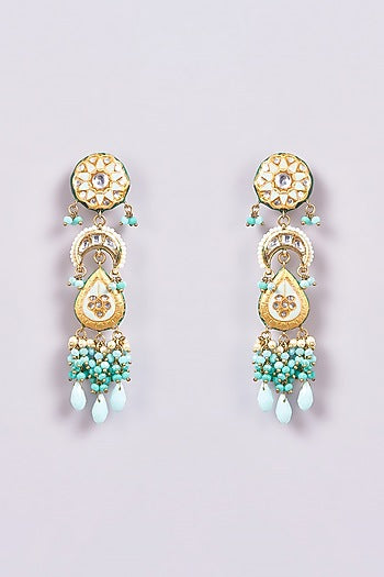 Gold Finish Turquoise Semi-Precious Stone & Pearl Meenakari Dangler Earrings