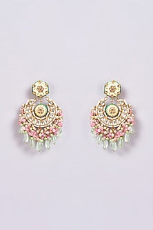 Gold Finish Green Semi-Precious Stone & Pearl Meenakari Dangler Earrings