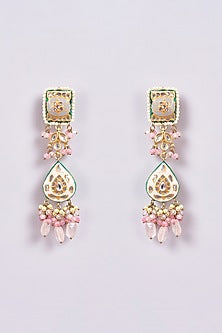 Gold Finish Pink Semi-Precious Stone & Pearl Meenakari Dangler Earrings