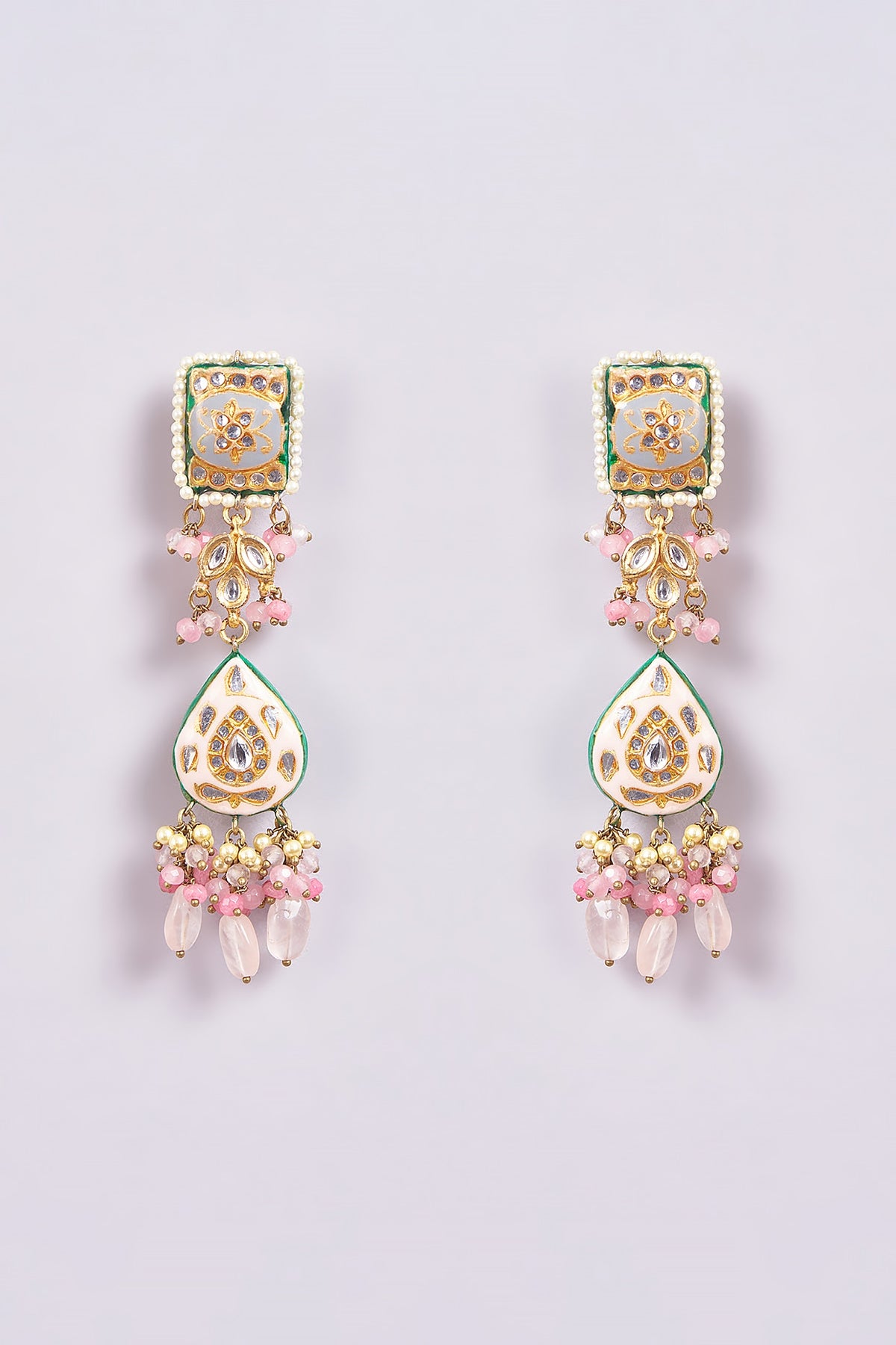 Gold Finish Pink Semi-Precious Stone & Pearl Meenakari Dangler Earrings