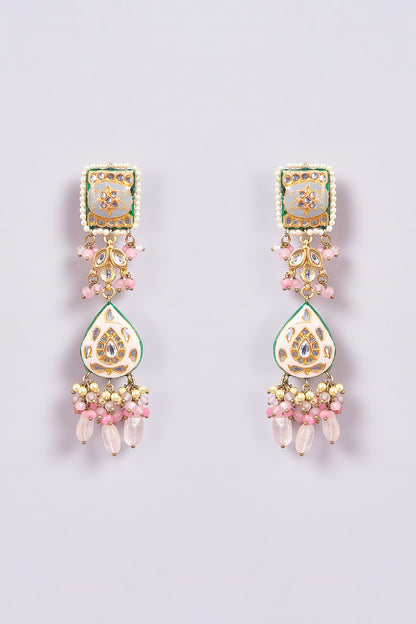 Gold Finish Pink Semi-Precious Stone & Pearl Meenakari Dangler Earrings