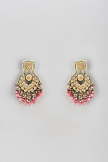 Gold Finish Semi-Precious Stone & Pearl Meenakari Dangler Earrings