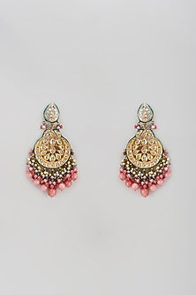 Gold Finish Semi-Precious Stone & Pearl Meenakari Dangler Earrings