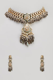 Gold Finish Semi-Precious Stone & Pearl Meenakari Necklace Set