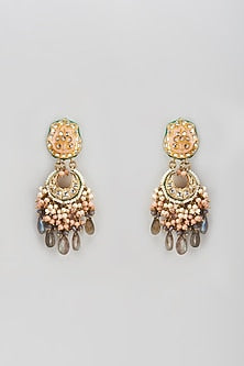 Gold Finish Semi-Precious Stone & Pearl Meenakari Dangler Earrings