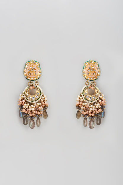 Gold Finish Semi-Precious Stone & Pearl Meenakari Dangler Earrings