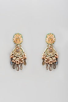 Gold Finish Semi-Precious Stone & Pearl Meenakari Dangler Earrings