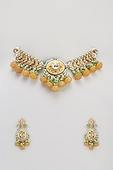 Gold Finish Semi-Precious Stone & Pearl Meenakari Necklace Set