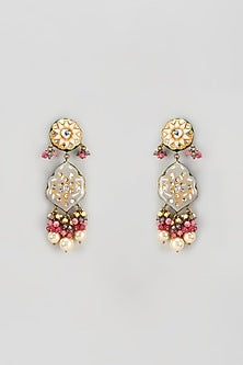 Gold Finish Semi-Precious Stone & Pearl Meenakari Dangler Earrings