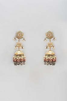 Gold Finish Semi-Precious Stone & Pearl Meenakari Dangler Earrings
